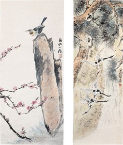 left: Teng Baiye, Bird on Rock, before 1949. Ink and paper mounted on scroll. Collection Bao Mingxin right: Teng Baiye, Cranes and Pine Tree, before 1949. Ink and paper mounted on scroll. Collection Bao Mingxin.
