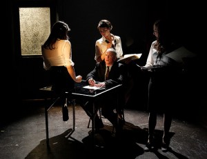 Greta Wilson, Sara Mountjoy-Pepka, Sydney Andrews, and Darragh Kennan in The Trial; photo credit: Chris Bennion/New Century Theatre Company